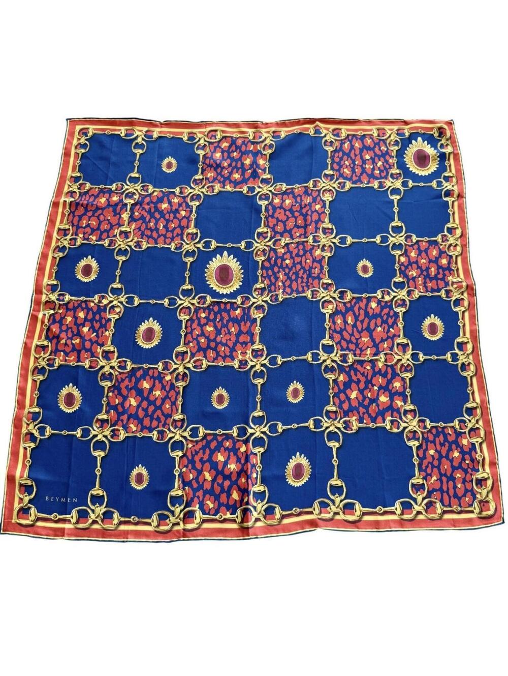 Beymen Silk Horsebit Print Square‎ Scarf Blue Red Gold Made in Turkey